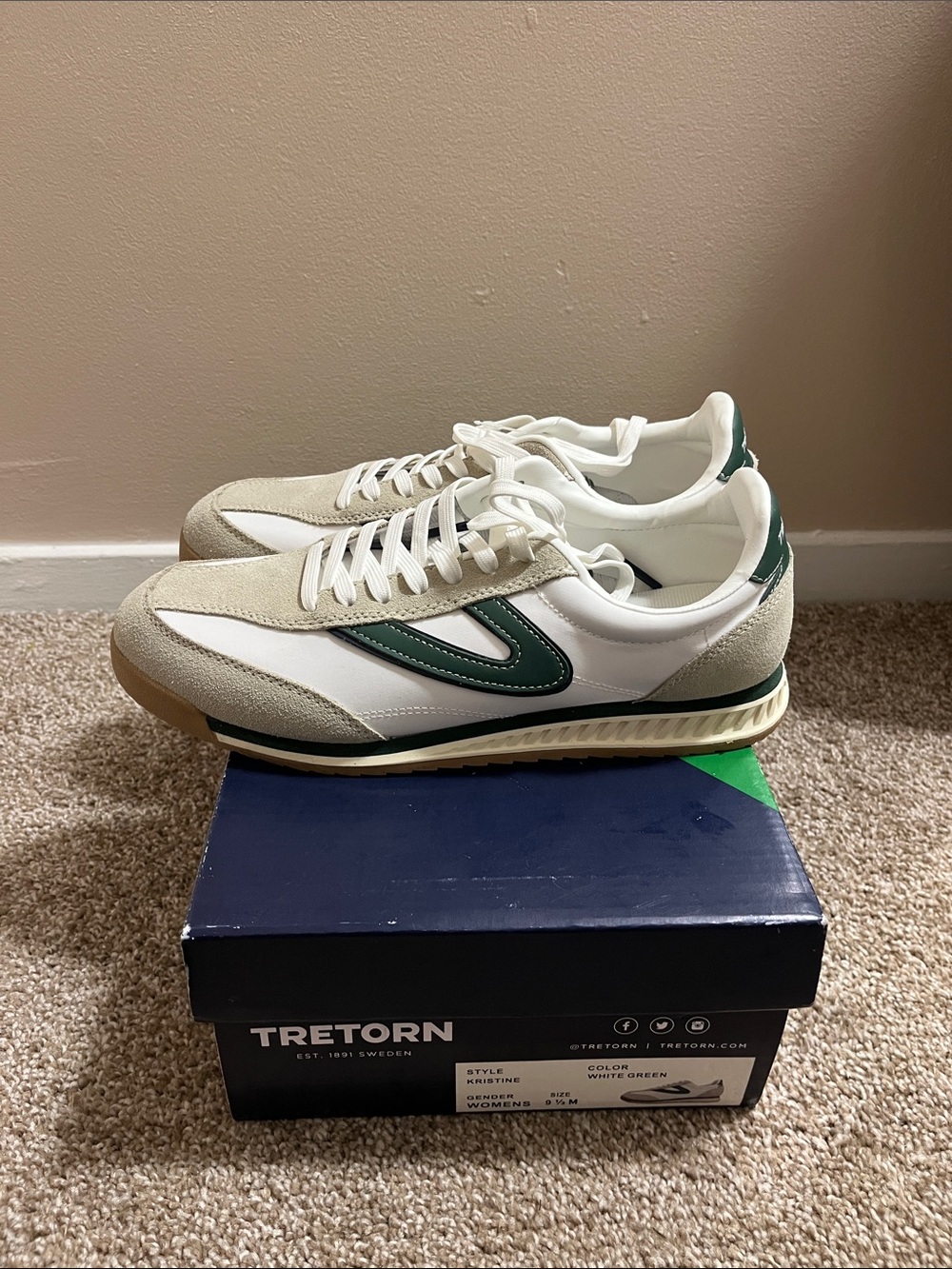 Tretorn White with Dark Green Retro Runner Sneakers